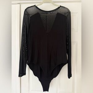 H&M Black Bodysuit with Sheer V-neck and Sleeves